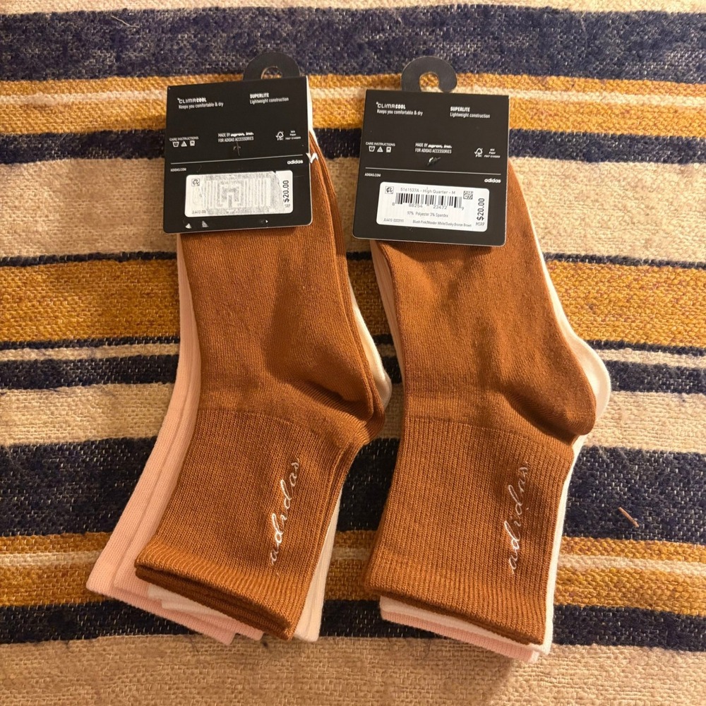 Adidas High Quarter Socks 2pk 5-10 Pink Brown Superlite ClimaCool Athletic 6pr - Picture 2 of 4